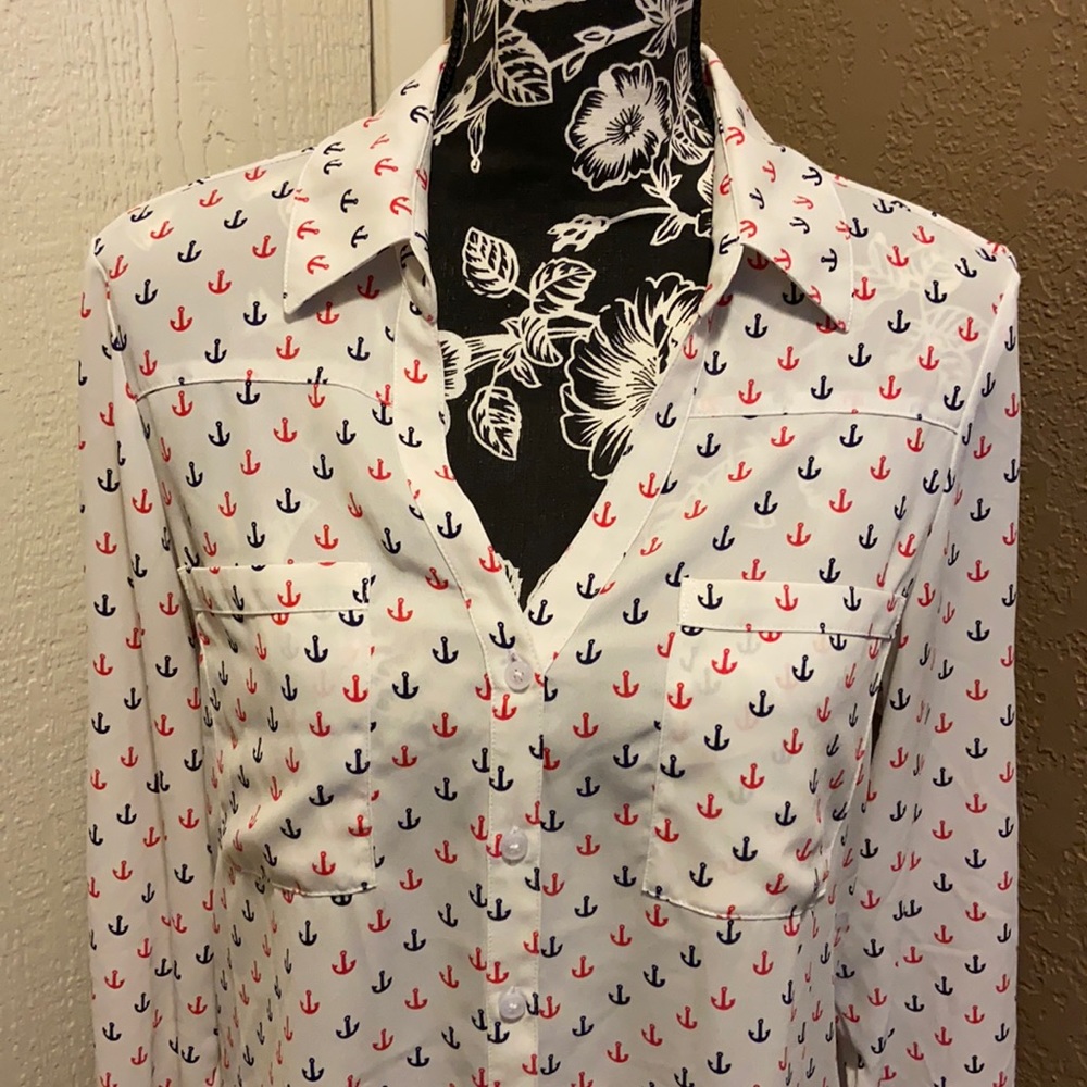 White Anchor-Print Button-Up Blouse - Navy & Red